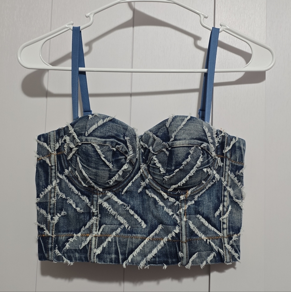 Stylish Denim Bustier Top with Blue Straps